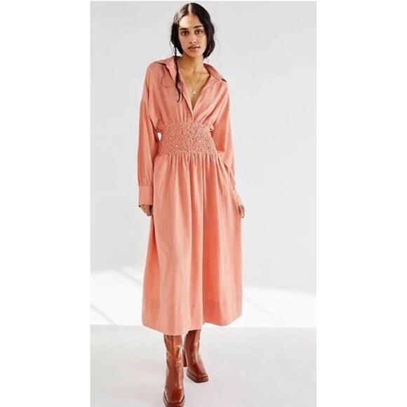 Free People Dresses & Skirts - Free People Medium Monika Shirt Dress Smocked Waist Deep V-Neck Autumn Peach EUC